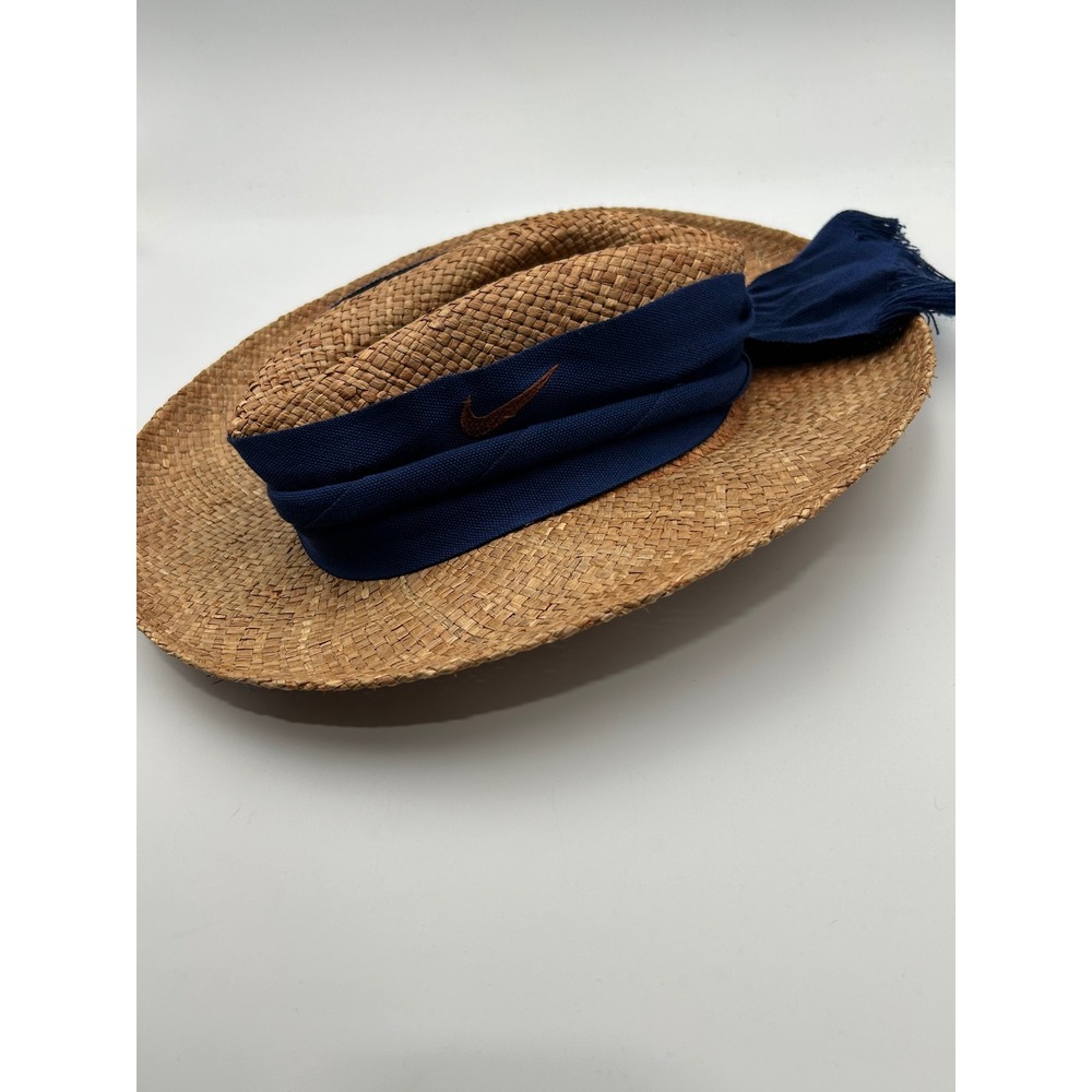 Nike Golf Straw Sun Hat Navy Blue Wrap Fringed Scarf Swoosh Logo Brown Tan